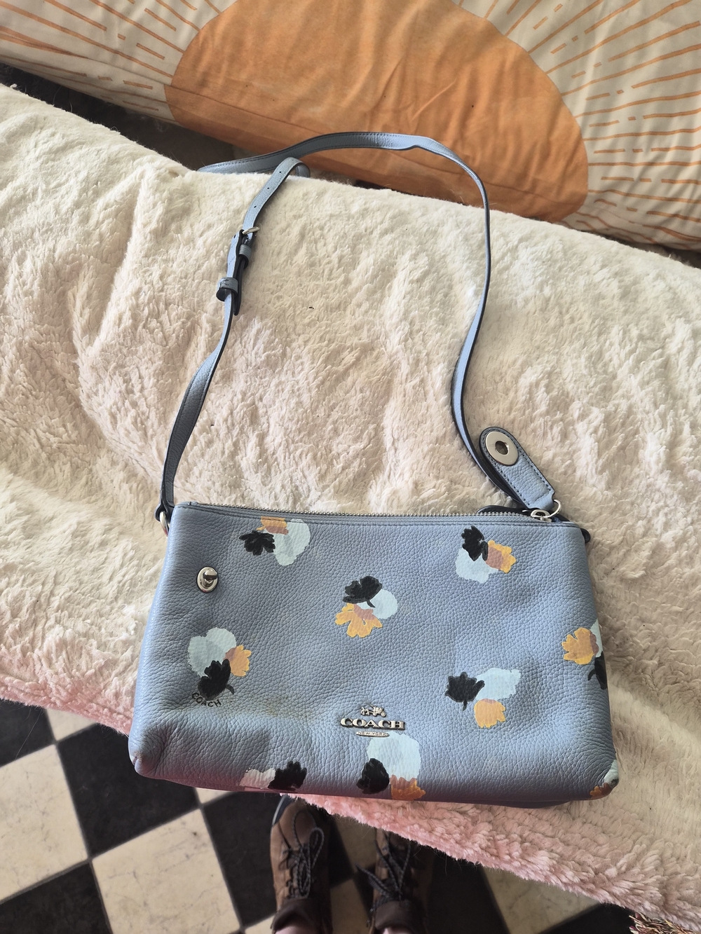 Coach Light Blue Floral Print Leather Crossbody Bag